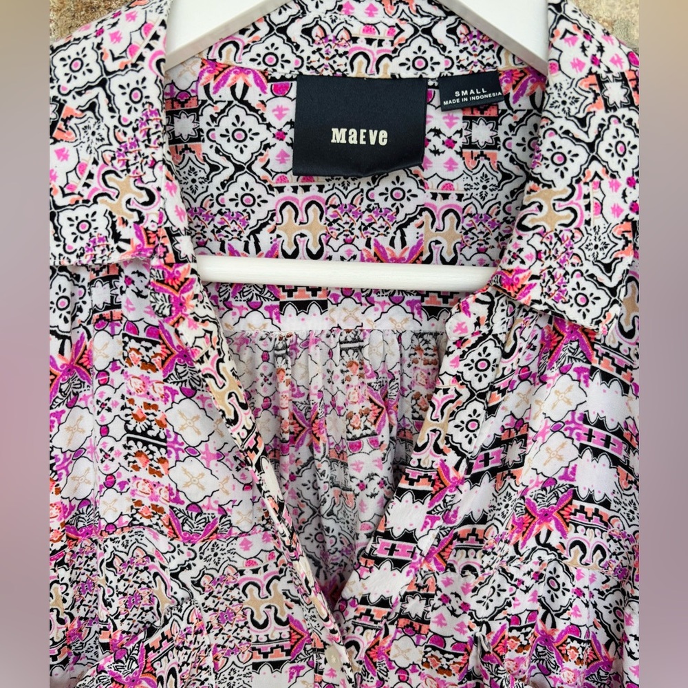 Anthro Maeve Boho Pink Pattern Button Down Blouse Small - Picture 7 of 7